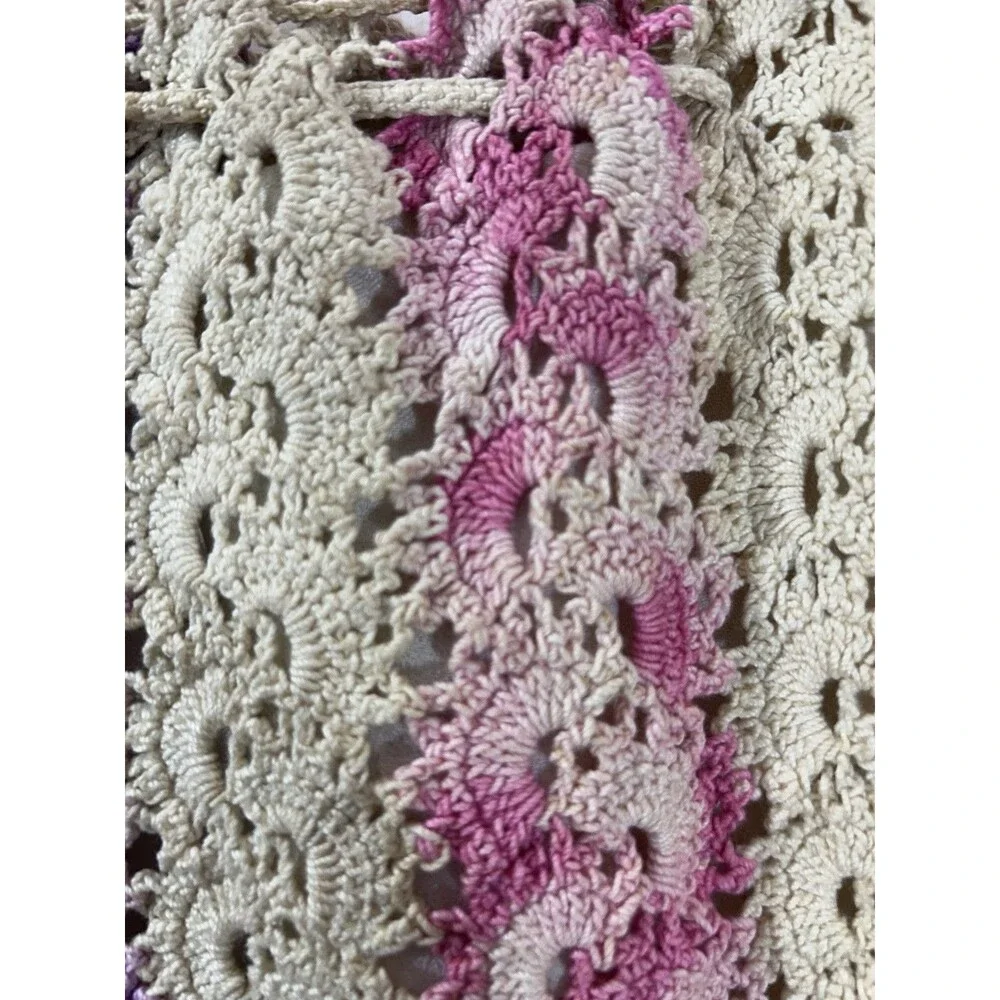 Vintage Ivory Crochet Drawstring Purse Bag Lined Yellow Pink Purple